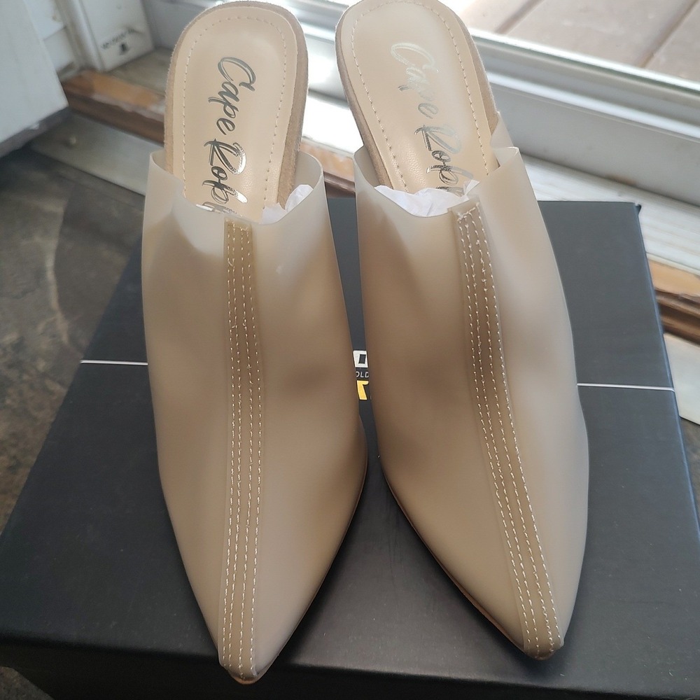 Cape Robbin Tan Pointed Toe Mules Clear Architectural Wedge Heel Womens 8‎